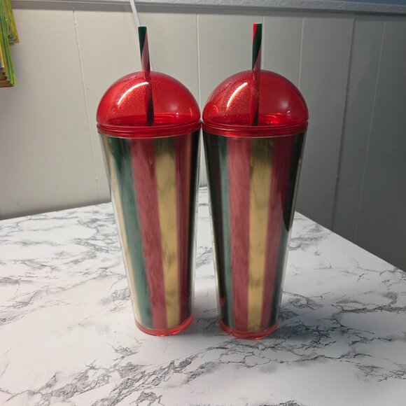 Starbucks 24 oz Limited Edition 2024 Metallic Red Gold Dome Tumblers Set of 2 - Picture 3 of 6